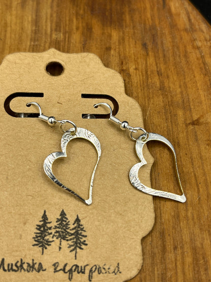 Silver heart earrings made from vintage silver plated trays, Silverware Jewelry, Unique Gift for her, Silver Drop Earrings