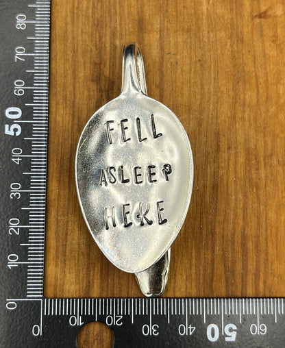 Personalized bookmark with the quote ‘I fell asleep here’ stamped. Unique metal bookmark. Book lover gift