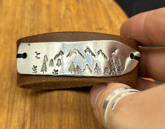 Leather and Metal Bracelet - Silverware Knife Blade Bracelet - Hand Stamped Mountain Scene - Leather Cuff - Perfect Gift for Him or Her