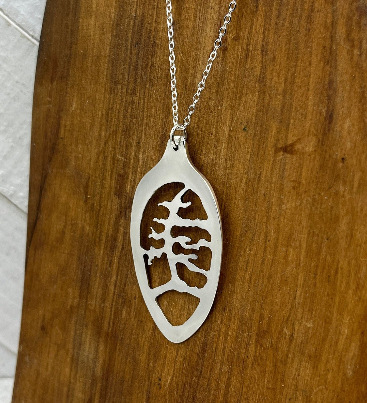 Tree Pendant Hand Drawn and Cut from Vintage?Antique spoon bowl, silver necklace pendant for her, Pine Tree Necklace, Eco Friendly Upcycled
