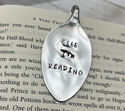 Upcycled and Repurposed Silver Spoon Bookmark - "Shhh, I'm Reading" - Hand Stamped Vintage Silverware Book Lover, Teacher, Librarian Gift