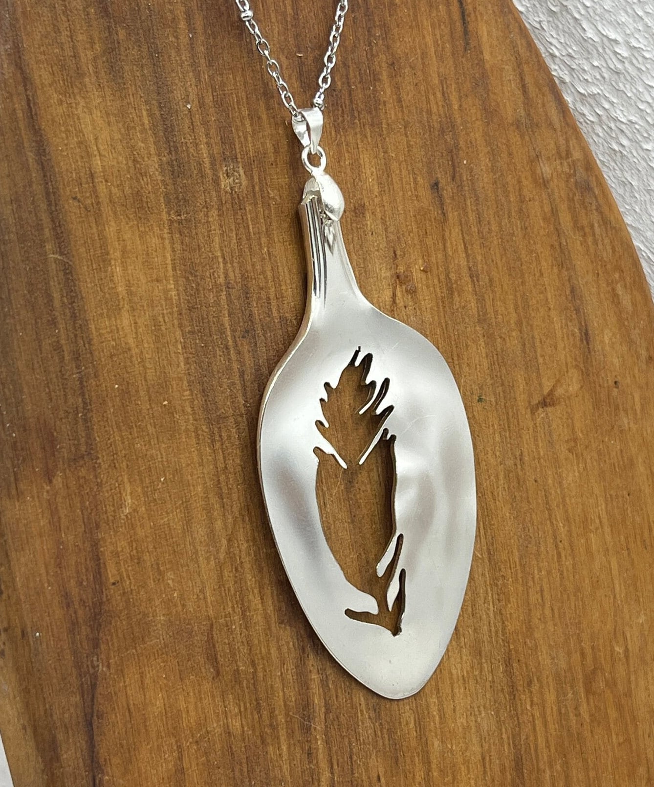Silver Feather Necklace made from Vintage Repurposed Spoon Bowl, Hand Drawn and Hand Cut Design, Handmade Silverware Jewelry