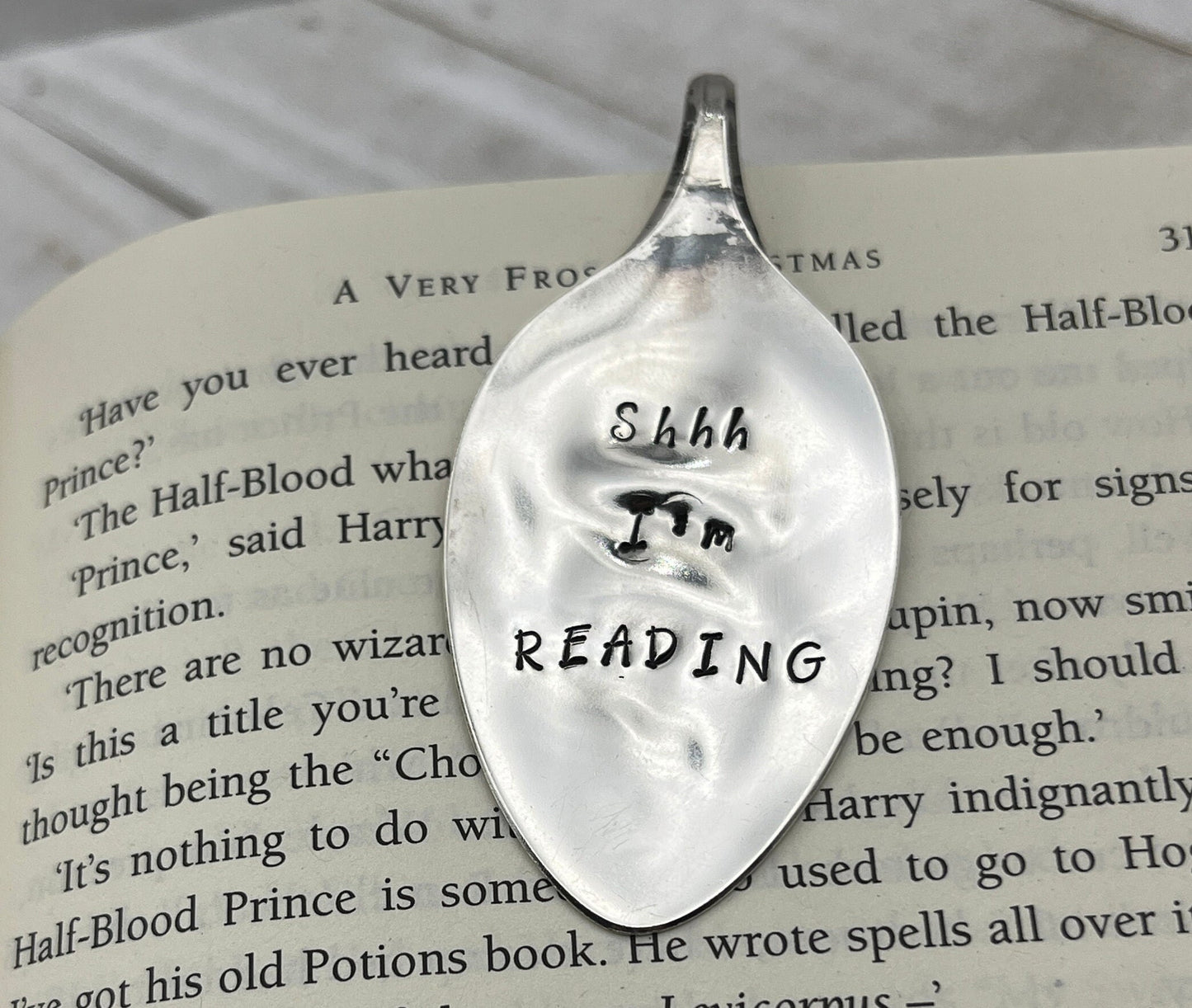 Upcycled and Repurposed Silver Spoon Bookmark - "Shhh, I'm Reading" - Hand Stamped Vintage Silverware Book Lover, Teacher, Librarian Gift