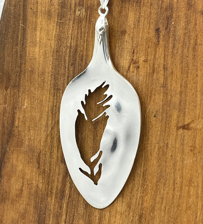 Silver Feather Necklace made from Vintage Repurposed Spoon Bowl, Hand Drawn and Hand Cut Design, Handmade Silverware Jewelry