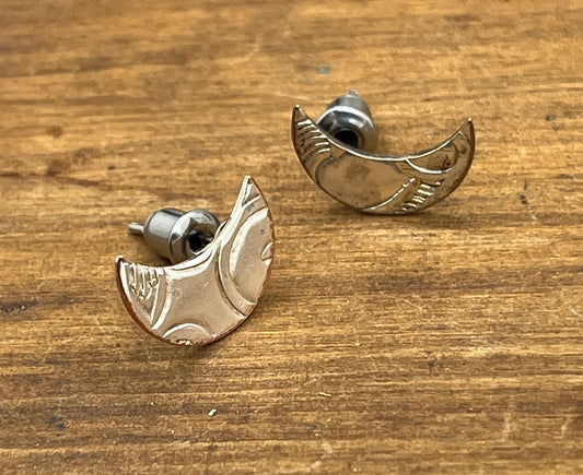 Silver Crescent Moon Stud Earrings Made from Vintage and Antique Silver Plated Trays - Unique One of a Kind Gift for Her