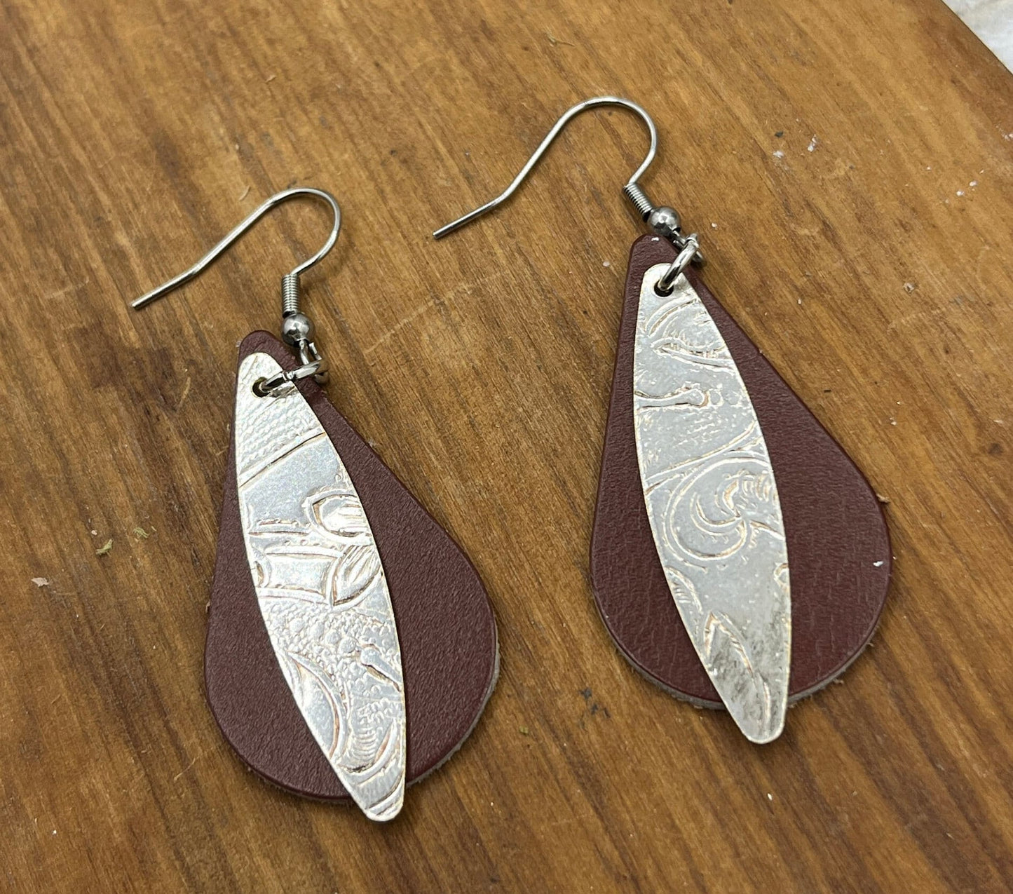 Silver and Leather Earrings Made from Antique Silver Trays and Repurposed Leather, Boho Style Jewelry Accessories, Unique and One of a Kind