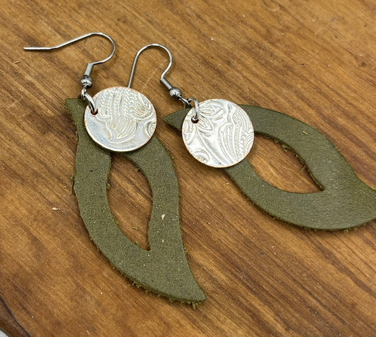 Leaf Silver and Leather Earrings Made from Antique Silver Trays and Repurposed Leather, Unique Boho Style Jewelry Accessories