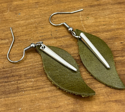 Leaf Silver and Leather Earrings Made from Antique Silver Fork Tines and Repurposed Leather, Unique Boho Style Jewelry Accessories