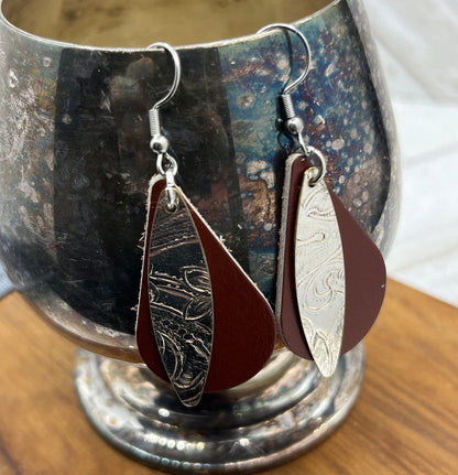 Silver and Leather Earrings Made from Antique Silver Trays and Repurposed Leather, Boho Style Jewelry Accessories, Unique and One of a Kind