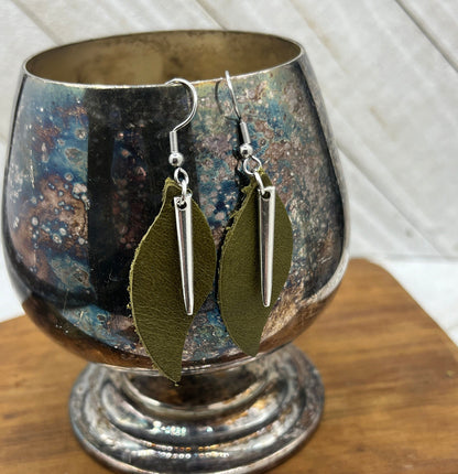 Leaf Silver and Leather Earrings Made from Antique Silver Fork Tines and Repurposed Leather, Unique Boho Style Jewelry Accessories